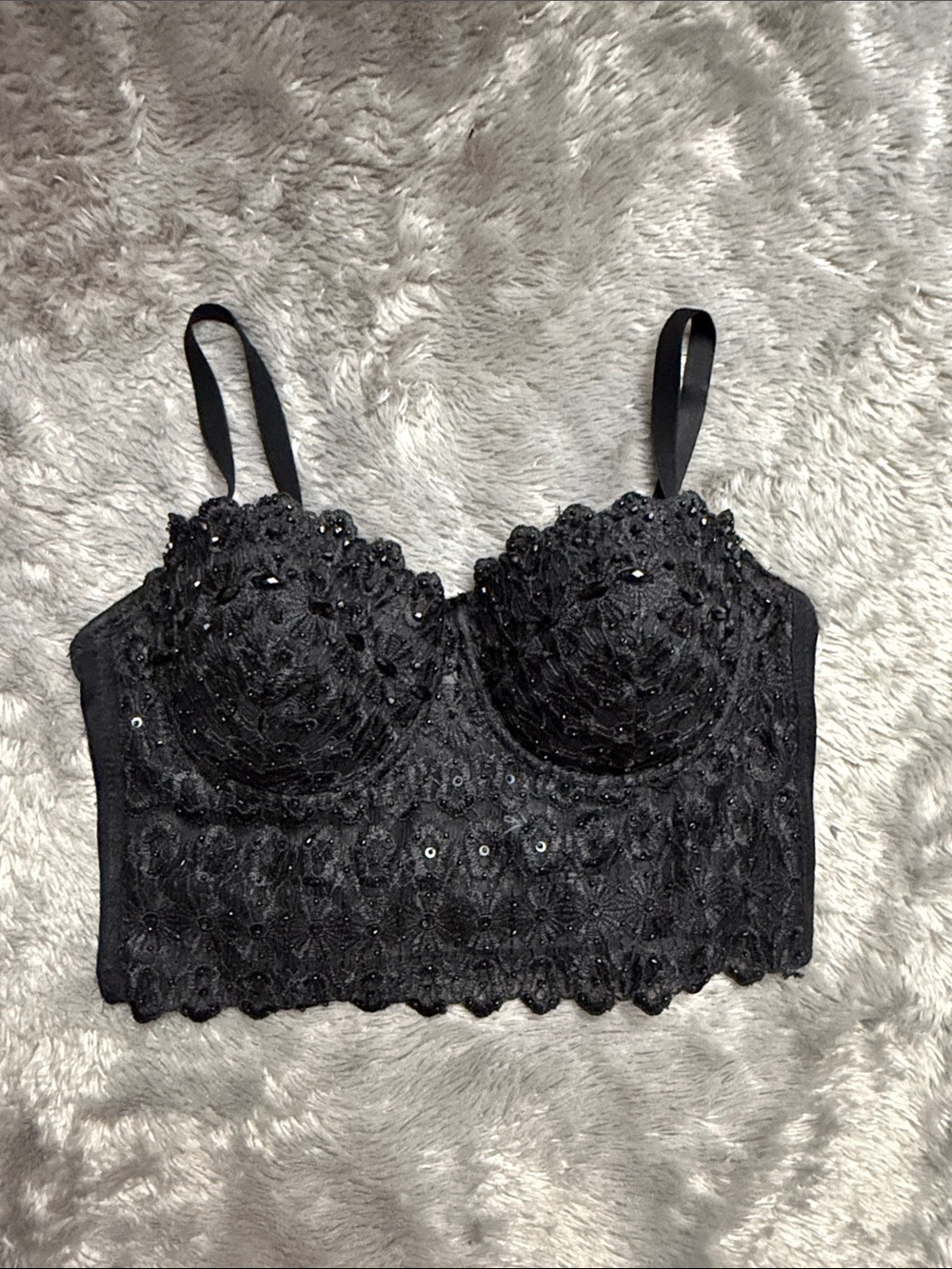 Black Lace Longline Bralette with Sequin Accents